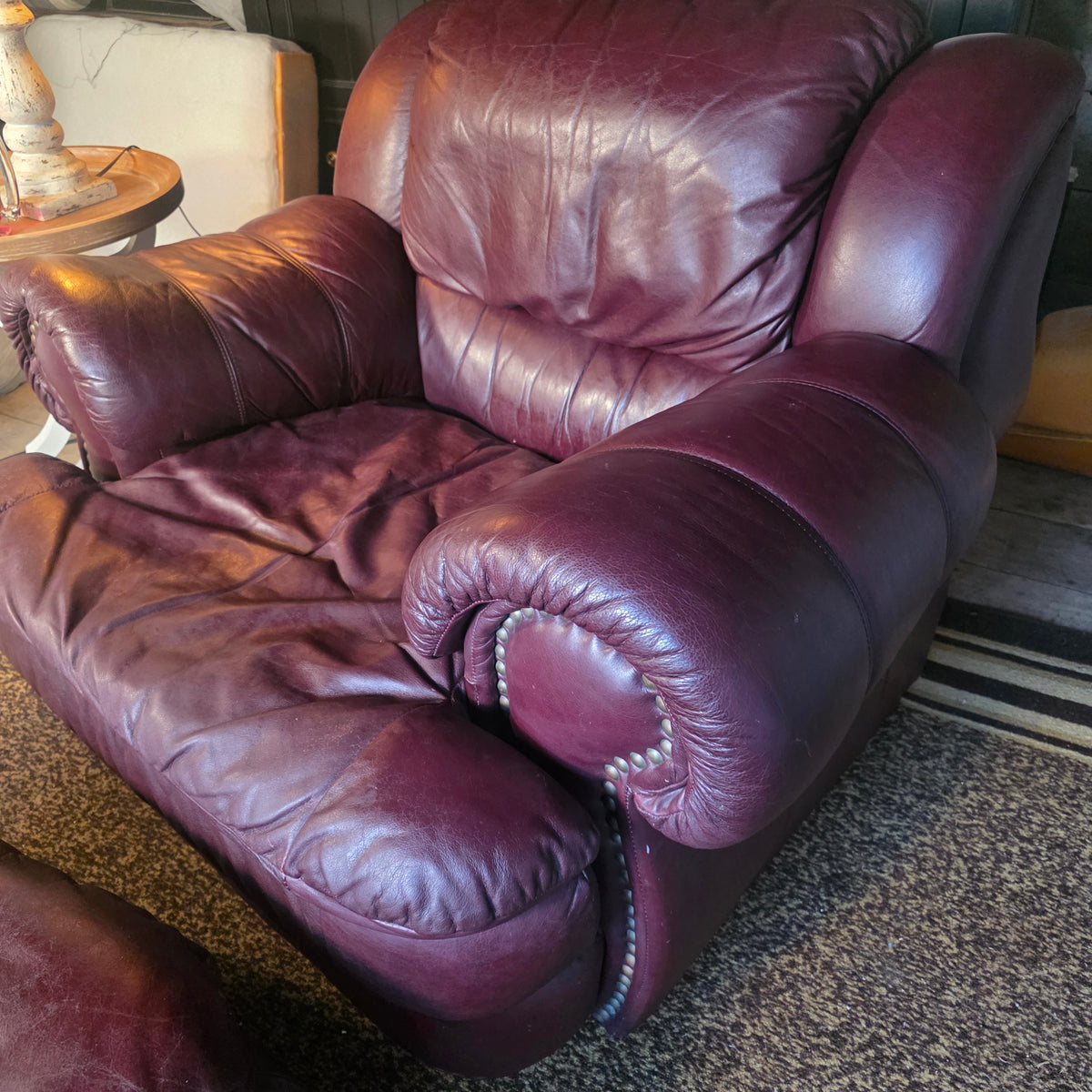 Burgundy Leather Club Chair & Ottoman Set with Nailhead Trim