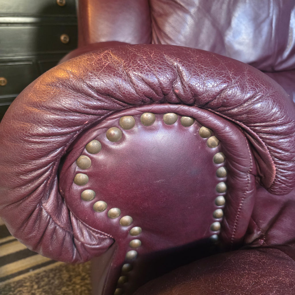 Burgundy Leather Club Chair & Ottoman Set with Nailhead Trim