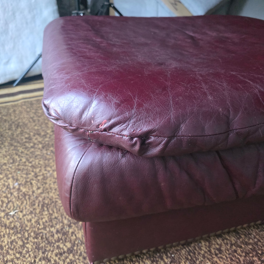 Burgundy Leather Club Chair & Ottoman Set with Nailhead Trim