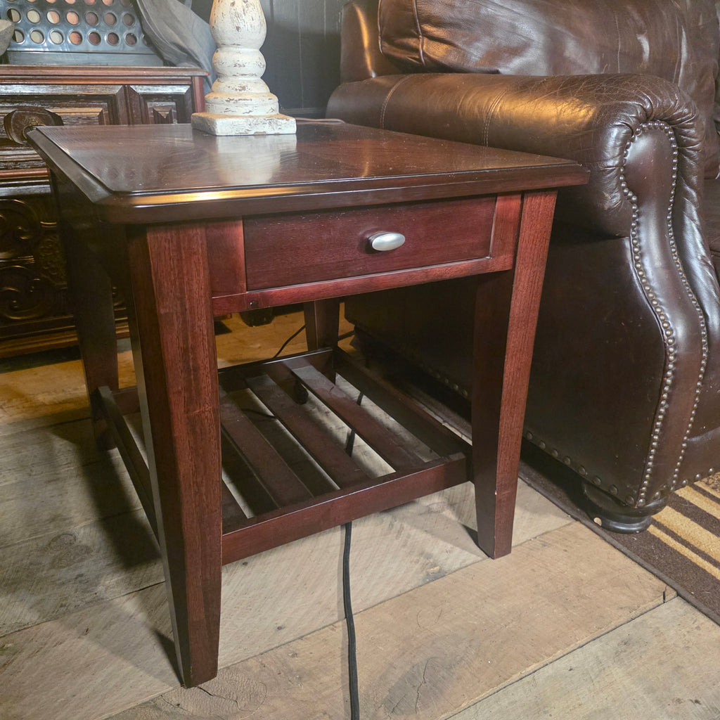 Mission-Style Wood Side Table with Drawer & Slatted Shelf