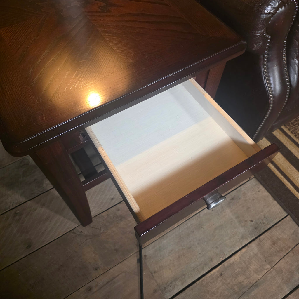 Mission-Style Wood Side Table with Drawer & Slatted Shelf