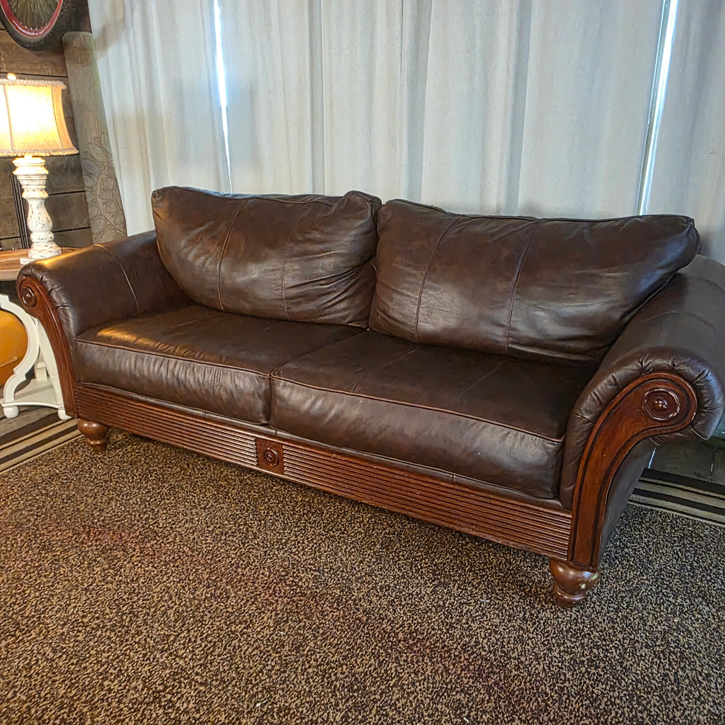 Full-Wrap Top-Grain Leather Sofa with Wood Trim