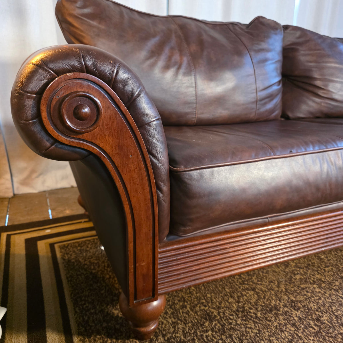 Full-Wrap Top-Grain Leather Sofa with Wood Trim