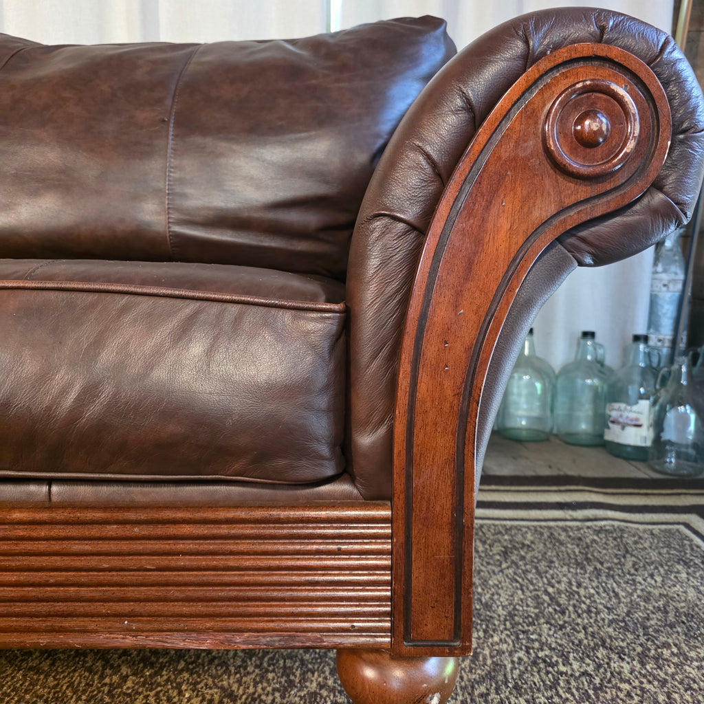 Full-Wrap Top-Grain Leather Sofa with Wood Trim