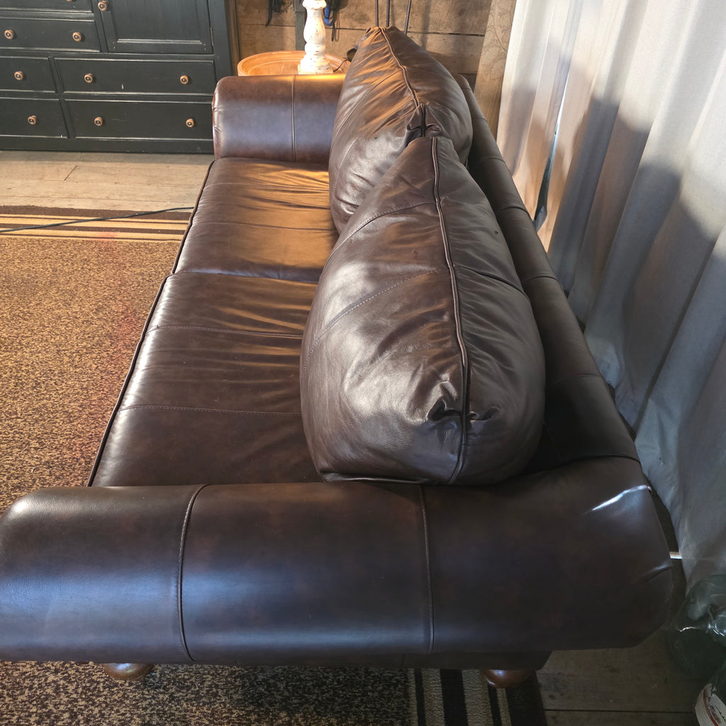 Full-Wrap Top-Grain Leather Sofa with Wood Trim