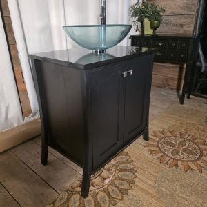 Black Vanity with Glass Vessel Sink & Chrome Faucet