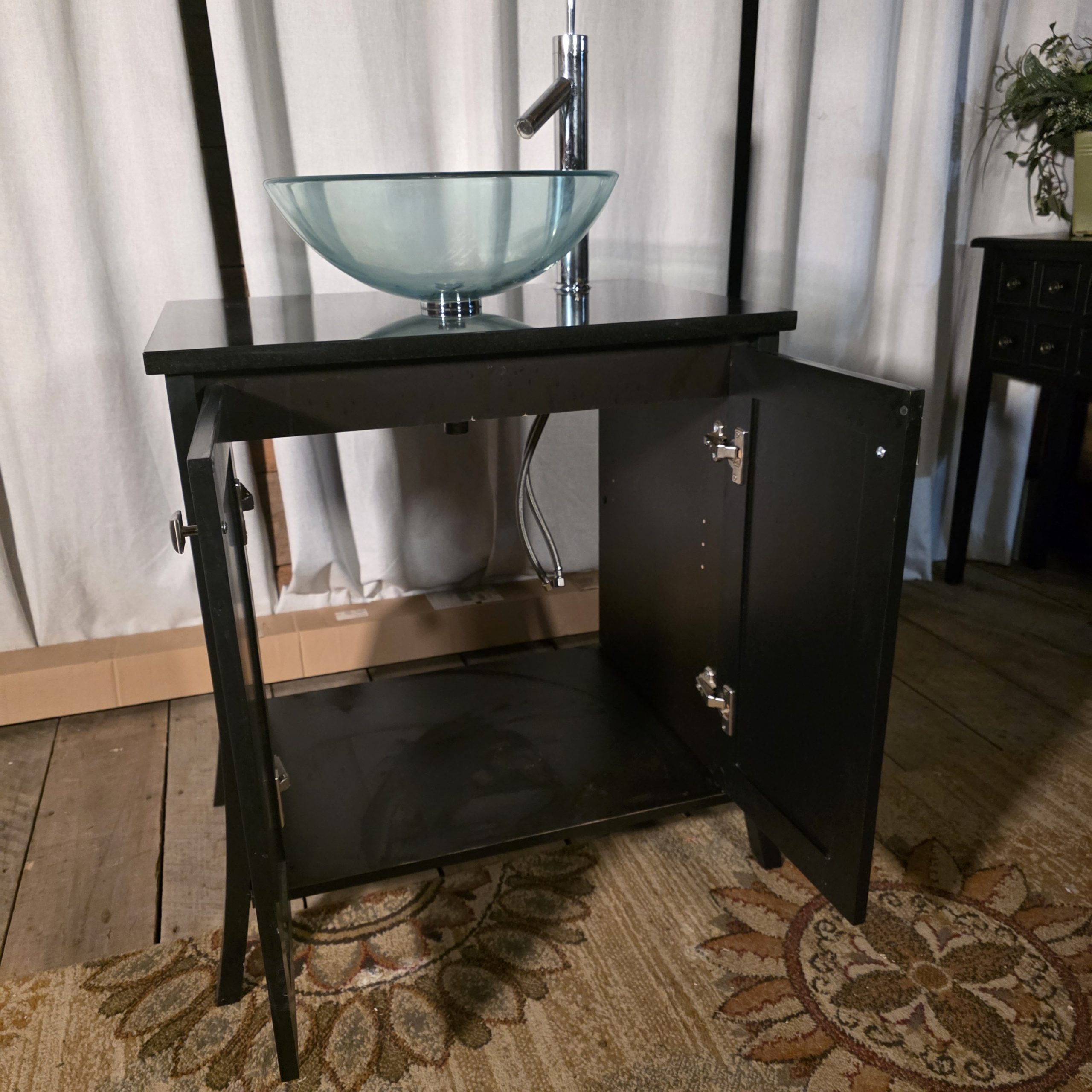Black Vanity with Glass Vessel Sink & Chrome Faucet - Image 2