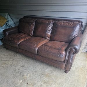 Genuine Leather Nailhead Sofa – Rich Brown, Repaired & Ready