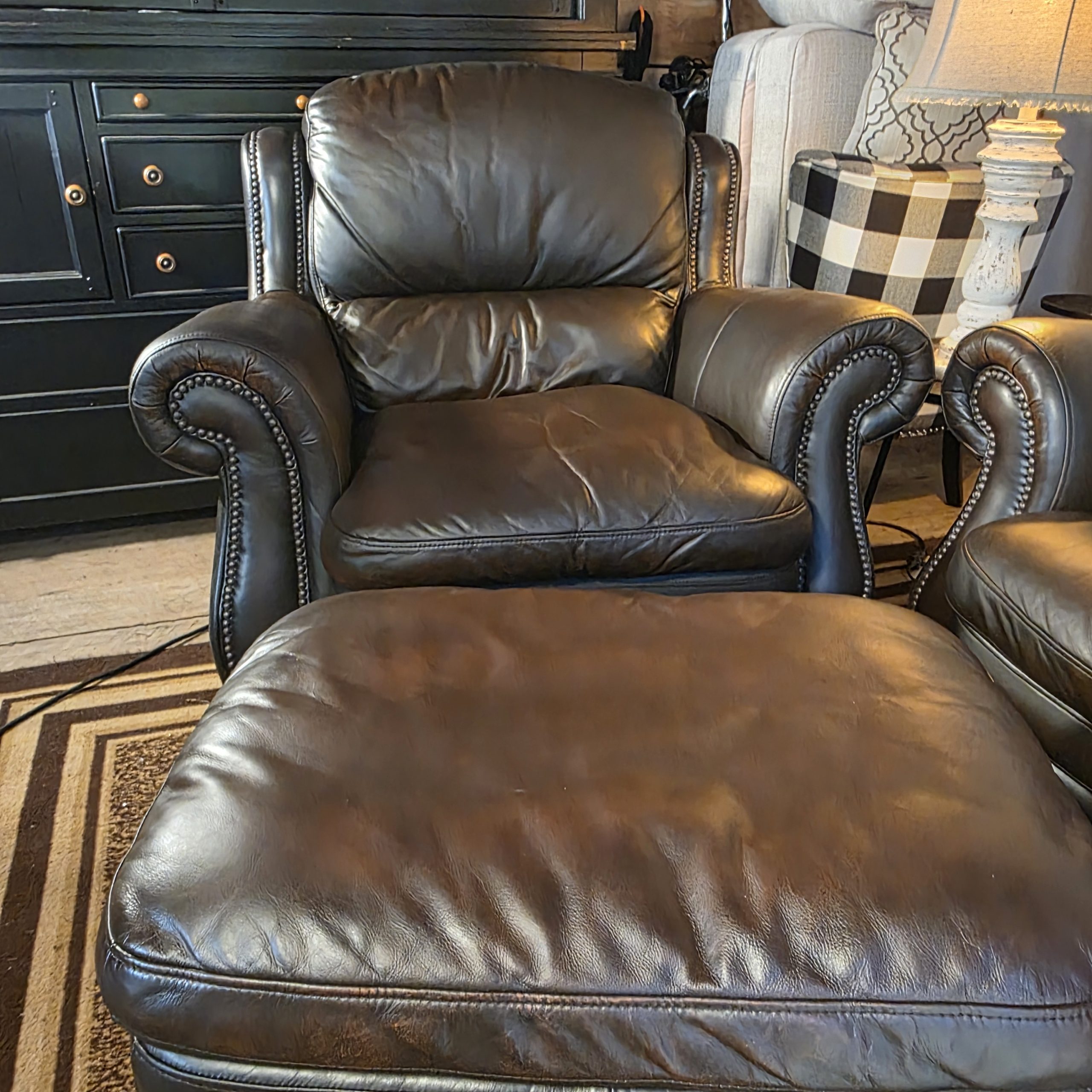 Top‑Grain Leather Sofa, Chair & Ottoman – Full Leather Wrap, Restored - Image 5