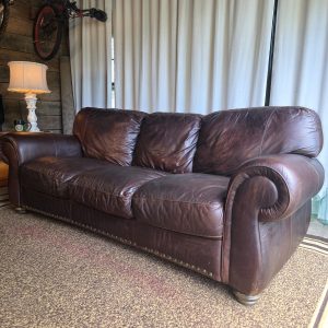 Brown Full-Wrap Top-Grain Aniline Leather Sofa – Rolled Arms & Nailhead Trim