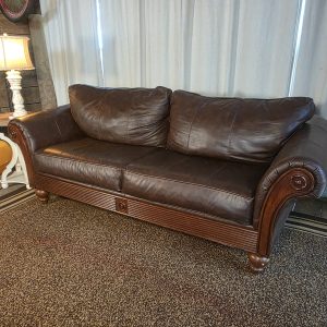 Full-Wrap Top-Grain Leather Sofa with Wood Trim