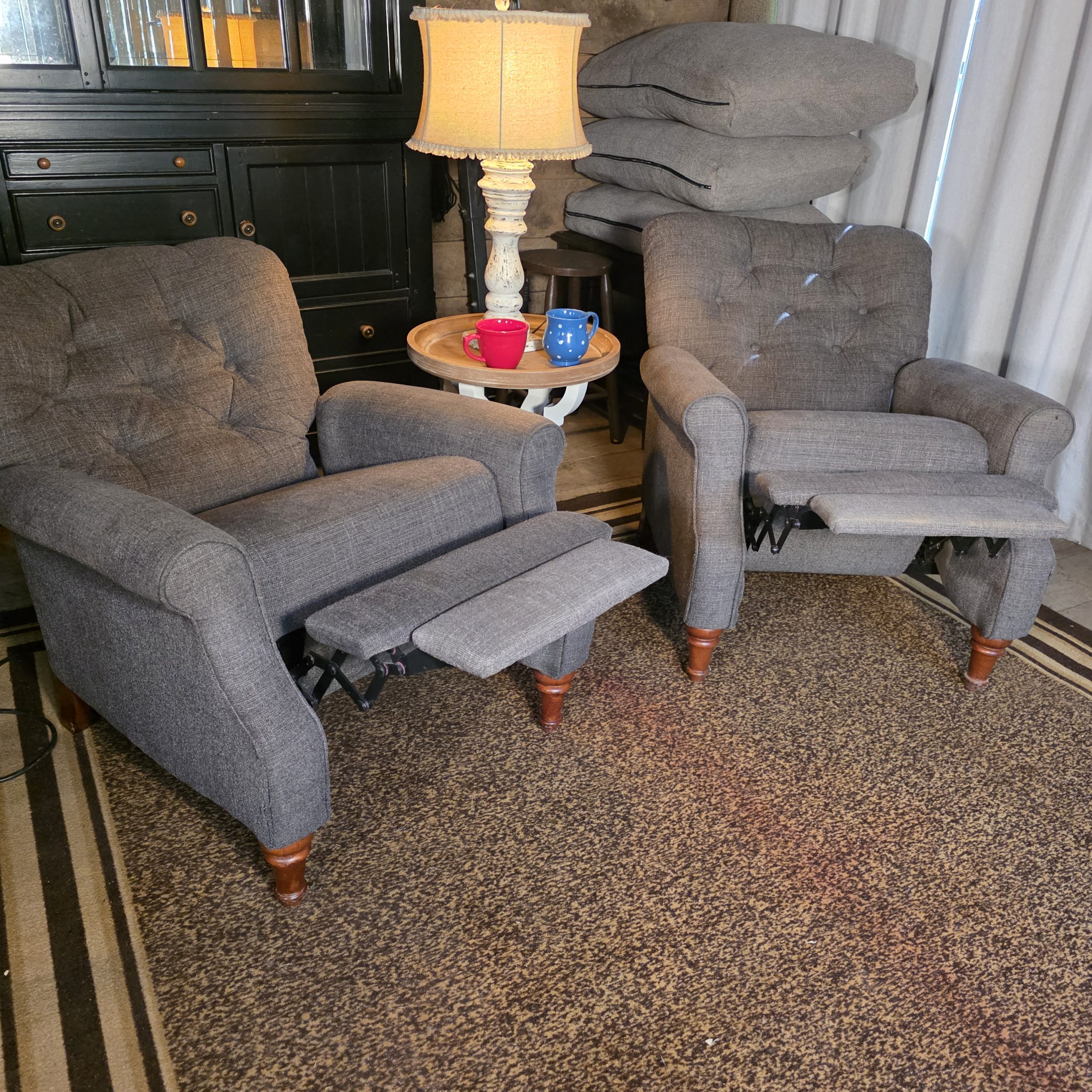 Matching Pair United Furniture Tufted High-Leg Recliners - Image 4
